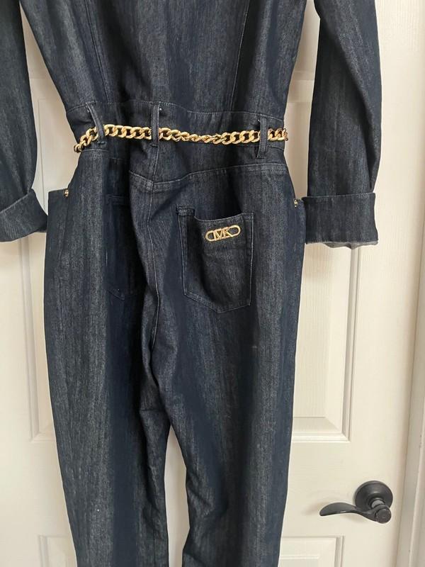 Michael Kors Gold Chain Logo Belted Dark Denim Jumpsuit Size 10 Worn Once $295