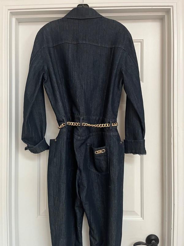 Michael Kors Gold Chain Logo Belted Dark Denim Jumpsuit Size 10 Worn Once $295