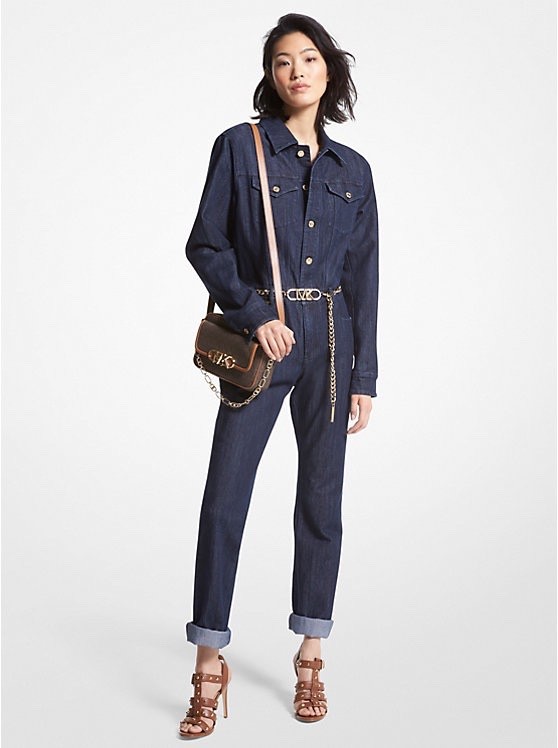 Michael Kors Gold Chain Logo Belted Dark Denim Jumpsuit size 10 Worn Once $295