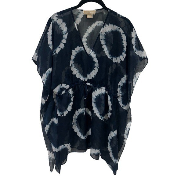 Michael Kors Navy Blue White Tie Dye Cinch Waist Swim Cover Up Sheer Size MP/LP