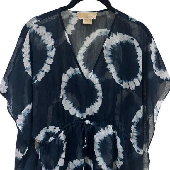 Michael Kors Navy Blue White Tie Dye Cinch Waist Swim Cover Up Sheer Size MP/LP