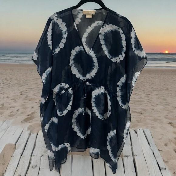 Michael Kors Navy Blue White Tie Dye Cinch Waist Swim Cover up Sheer Size MP/LP