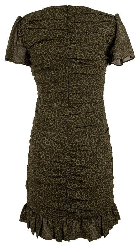 Michael Kors Women's Animal Print Ruched V Neck Mini Dress Olive Green