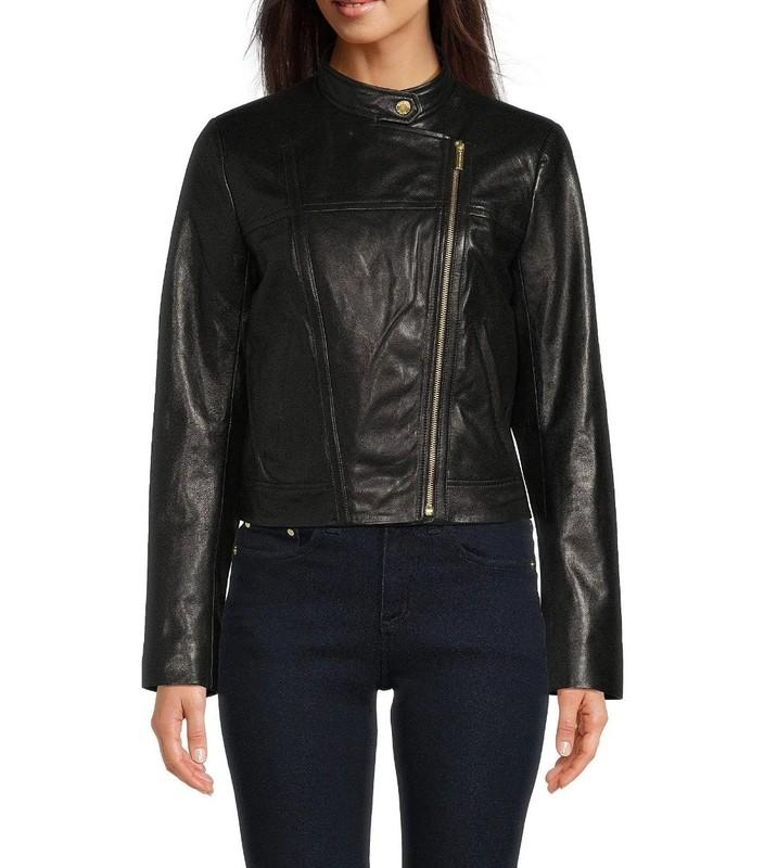 Michael Kors Women's Petite & Regular Leather Moto Full Zip Jacket Black $250