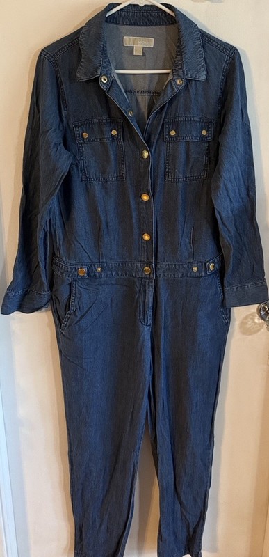 Michael Michael Kors Denim Jumpsuit Blue Long Sleeve Button Up Med