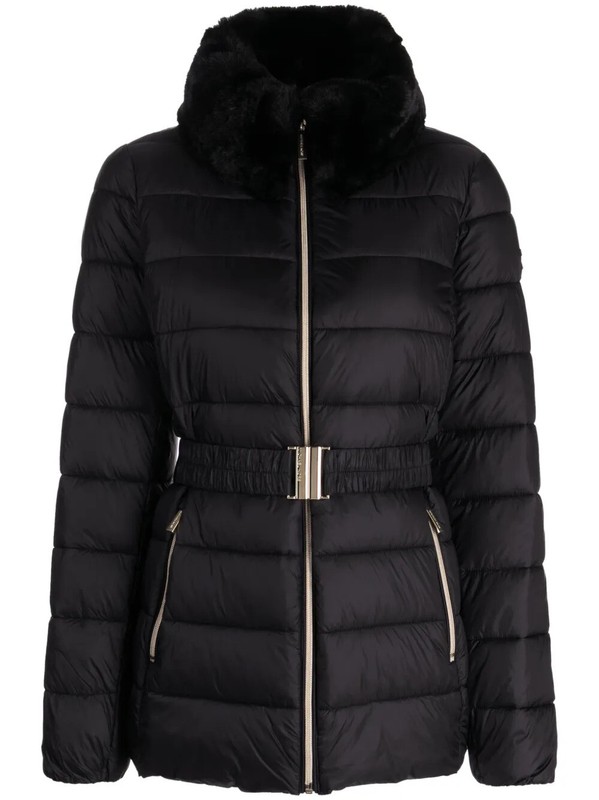 Michael Michael Kors Women's Black Belted Packable Jacket with Faux Fur Collar