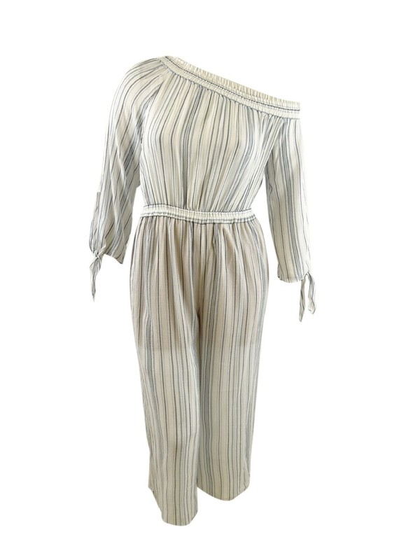 MICHAEL Michael Kors Women's Striped One-Shoulder Jumpsuit (L Chambrey)