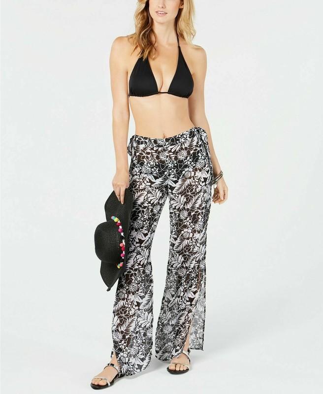 Miken Side-Slit Chiffon Swimsuit Cover-Up Pants Size Medium Black White NEW