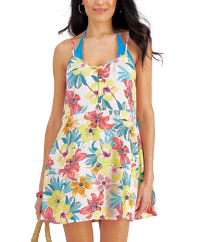 MIKEN Swim Cover Up Dress White with Floral Print Size Medium