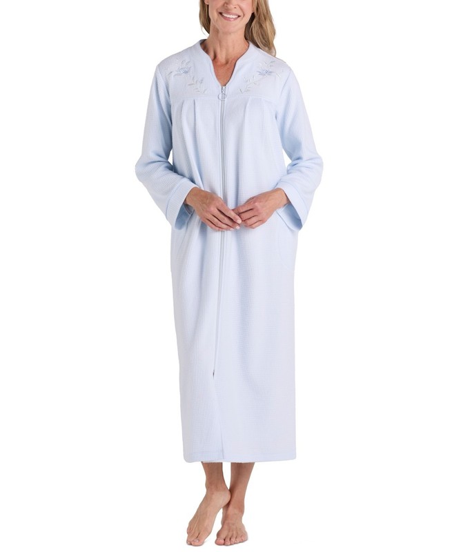 Miss Elaine Women's Embroidered Waffle-Knit Nightgown Light Blue X-LARGE