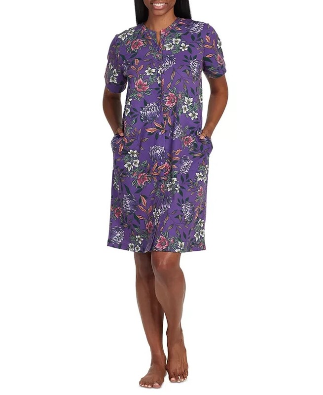 Miss Elaine Women's Floral Short-Sleeve Gripper Robe - Eggplant Large NWT