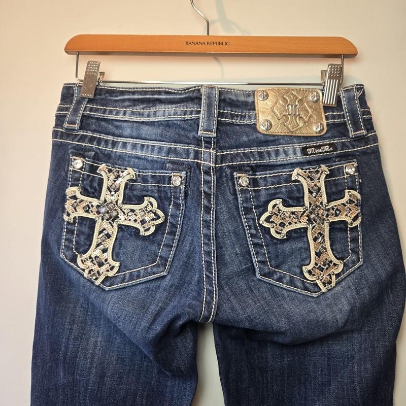 Miss Me Jeans 26 Easy Boot Rhinestone Sequin Cowgirl Y2k Mid Rise