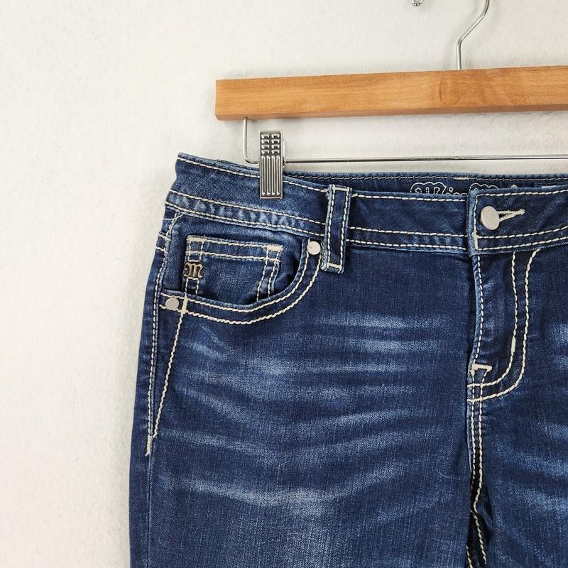 Miss Me Jeans Womens 30 Blue Cream Embroidered Signature Ankle Skinny Raw Hem