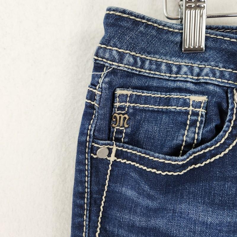 Miss Me Jeans Womens 30 Blue Cream Embroidered Signature Ankle Skinny Raw Hem