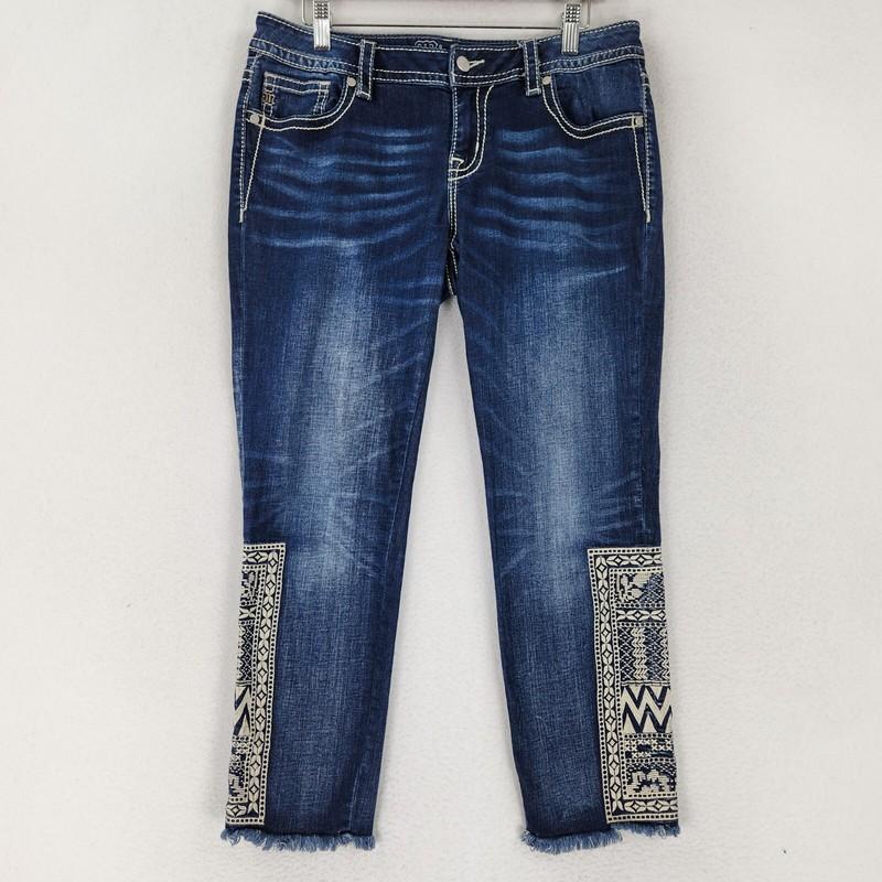Miss Me Jeans Womens 30 Blue Cream Embroidered Signature Ankle Skinny Raw Hem