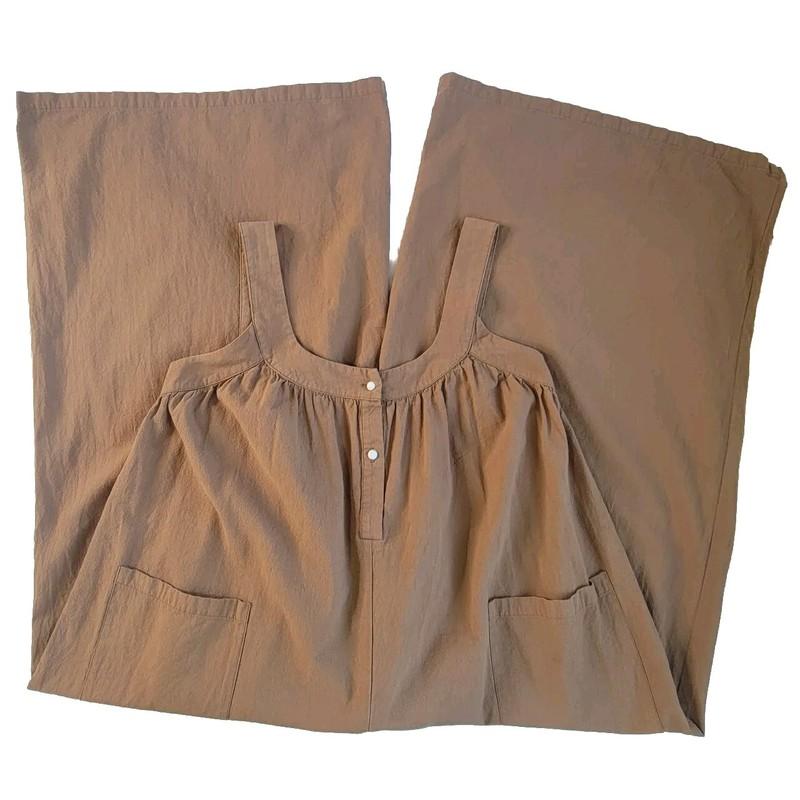 MISSLOOK Brown Wide Leg Jumpsuit Size S Chore Pockets Pearl Buttons Cropped
