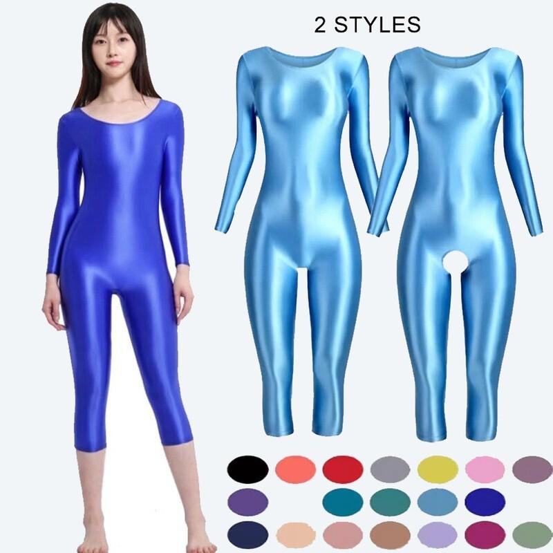 MJINM Women Sexy Jumpsuits Shiny Glossy Catsuit Overall Bodysuit Fitness Leotard