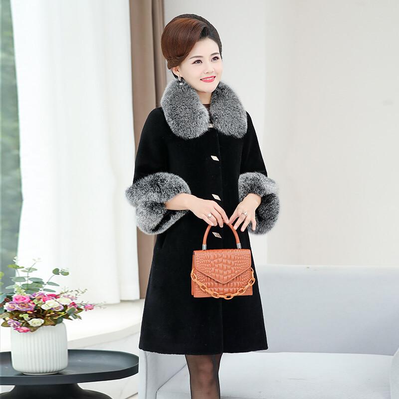 Mom's Fur Sheep Shearing Coat Women's Real Fox Fur Collar Luxury Mink Fur Jacket