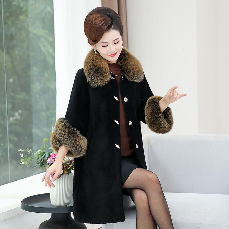 Mom's Fur Sheep Shearing Coat Women's Real Fox Fur Collar Luxury Mink Fur Jacket