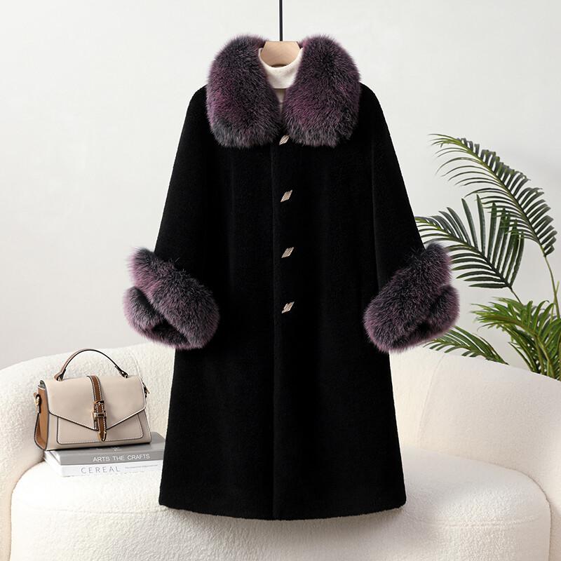 Mom's Fur Sheep Shearing Coat Women's Real Fox Fur Collar Luxury Mink Fur Jacket