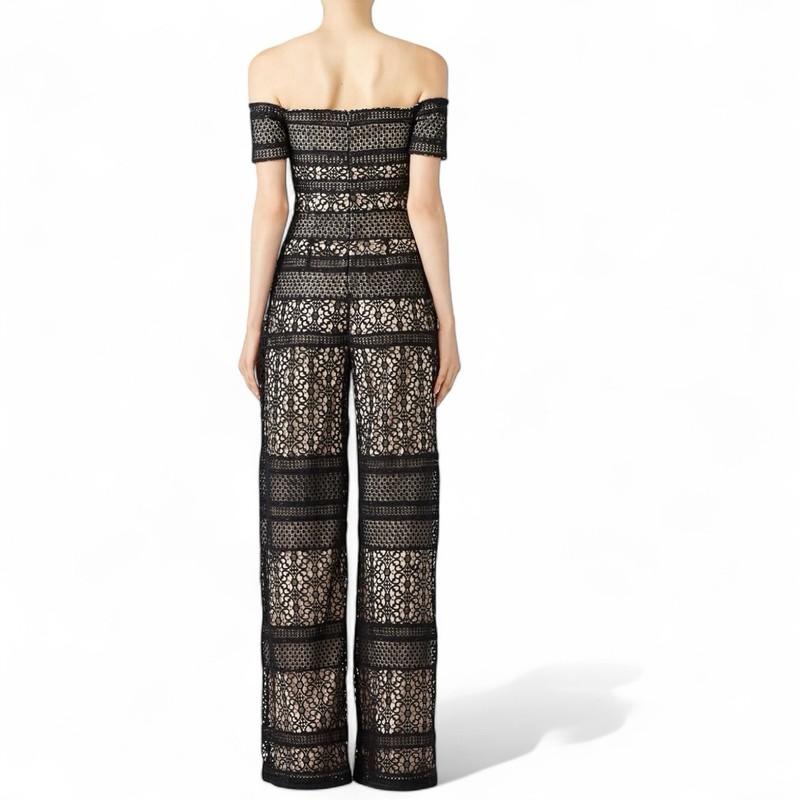 Monique Lhuillier Crochet Lace Jumpsuit Size 4 Black Straight Leg