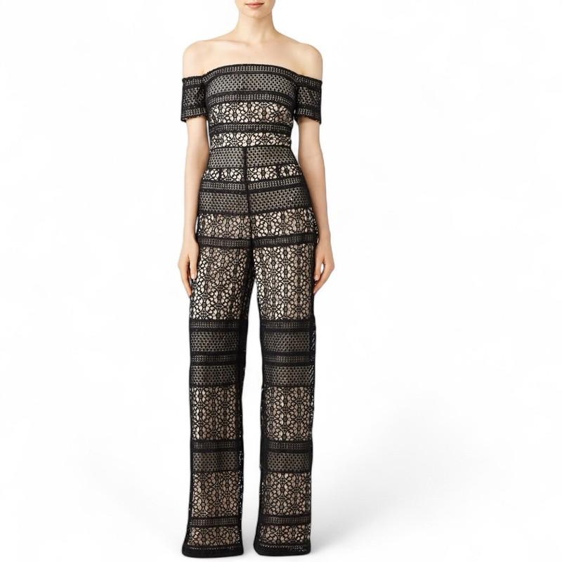 Monique Lhuillier Crochet Lace Jumpsuit Size 4 Black Straight Leg