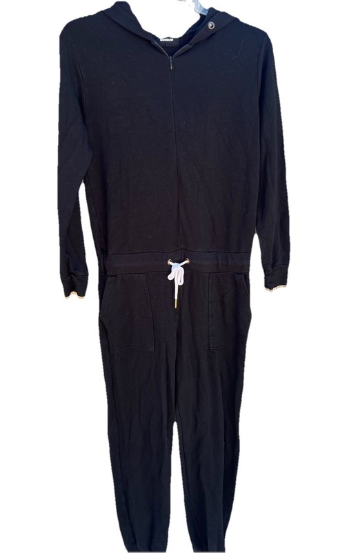 MONROW Supersoft Fleece Hooded Jumpsuit In Black XS