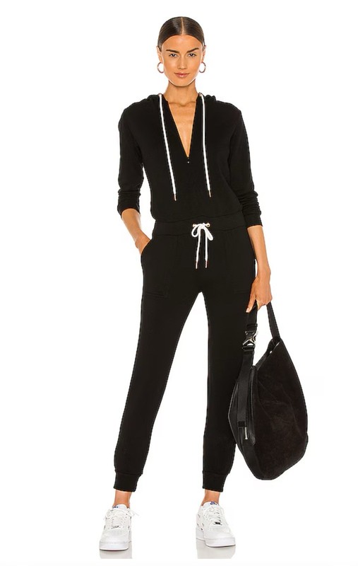 MONROW Supersoft Fleece Hooded Jumpsuit in Black XS