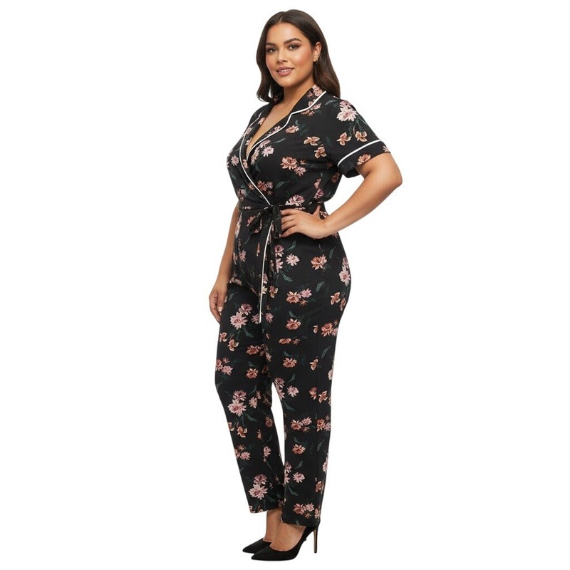 Monteau Jumpsuit Size XL Multicolor Floral Collared Short Sleeve Retro Stretch