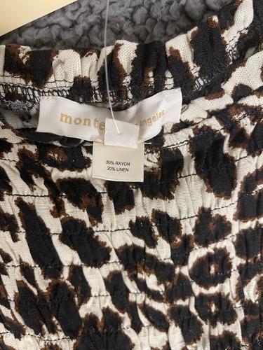 Monteau Linen Puff Sleeve Ruched Crop Top Leopard Print Square Neck NWT XL