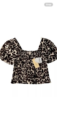 Monteau Linen Puff Sleeve Ruched Crop Top Leopard Print Square Neck NWT XL