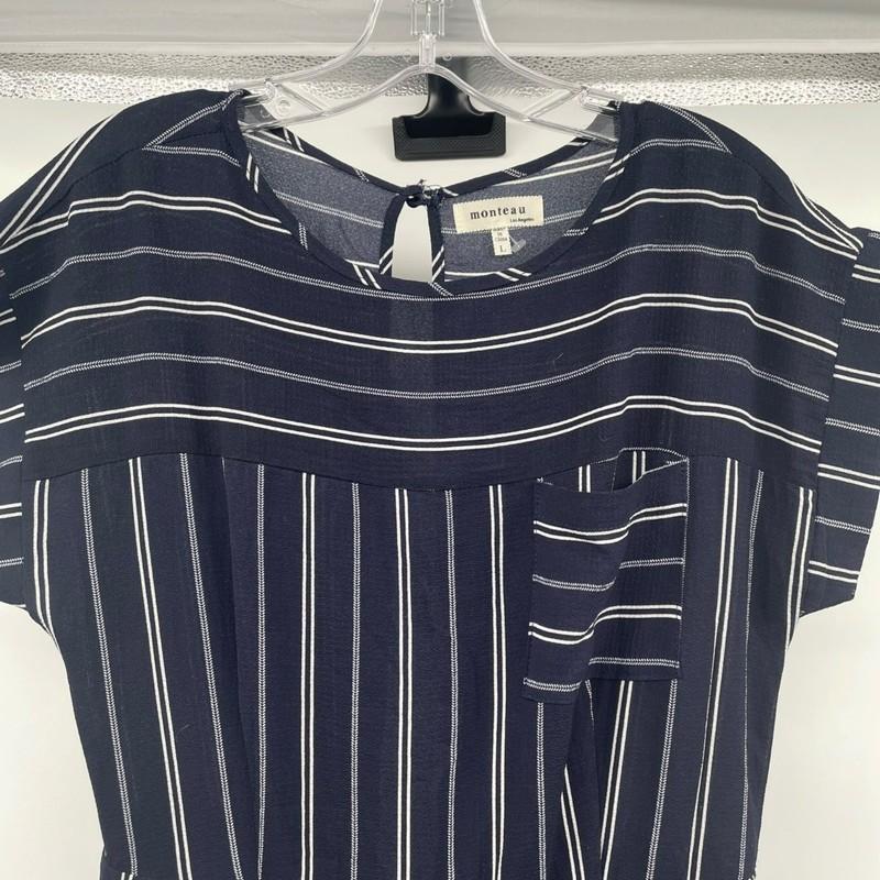 Monteau Womens Striped Jumpsuit Wide Leg Short Sleeve Navy/White Size Large