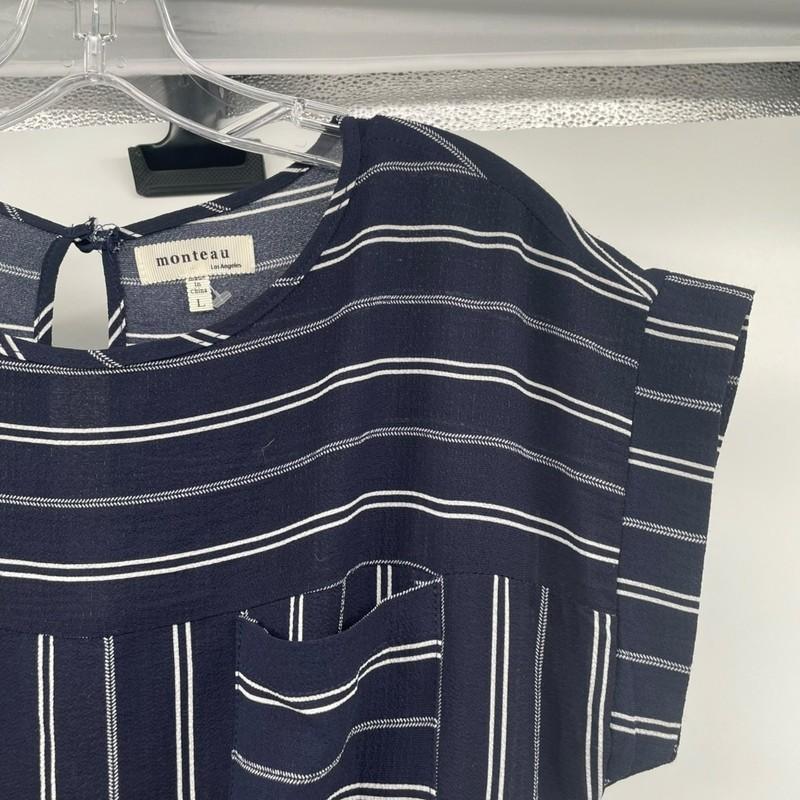 Monteau Womens Striped Jumpsuit Wide Leg Short Sleeve Navy/White Size Large