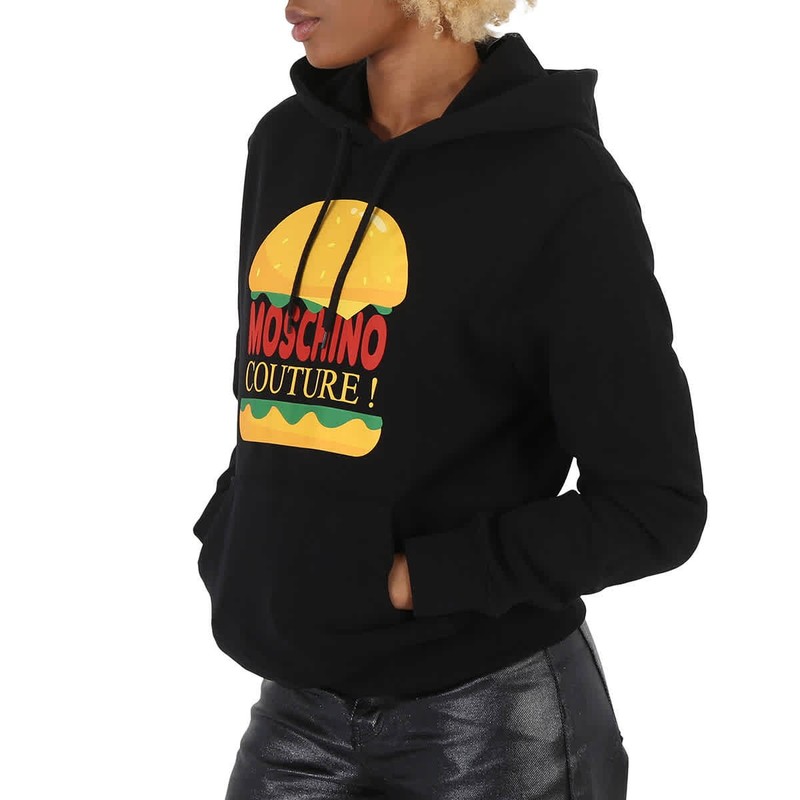 Moschino Black Cotton Burger Logo Print Hoodie Brand Size 36 (US Size 2)