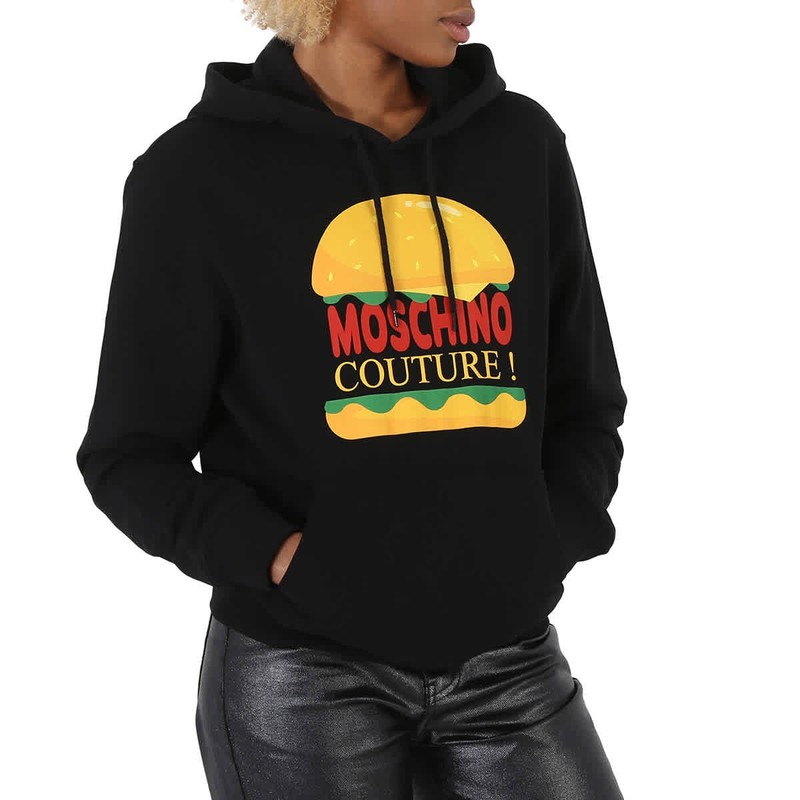 Moschino Black Cotton Burger Logo Print Hoodie Brand Size 36 (US Size 2)