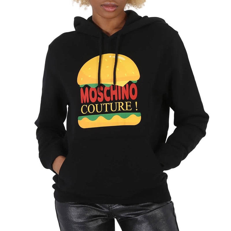 Moschino Black Cotton Burger Logo Print Hoodie Brand Size 36 (US Size 2)