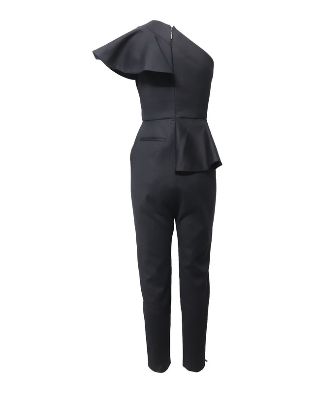 MSGM One Shoulder Flounce Jumpsuit In Black Polyamide