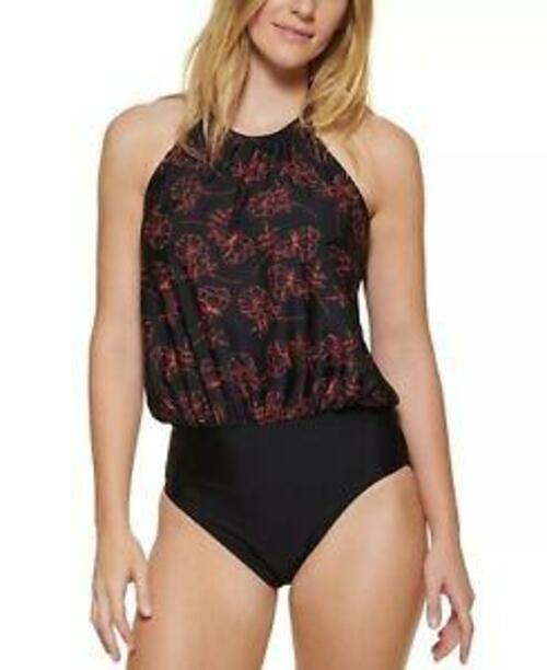MSRP $118 Calvin Klein Printed Blouson One-Piece Swim Energy Coral Floral Size 8