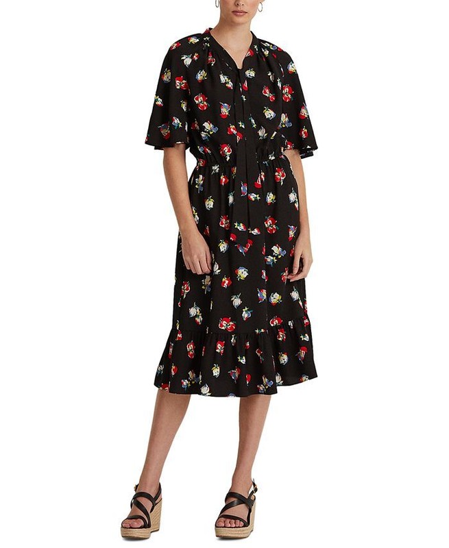 MSRP $155 Ralph Lauren Floral Crepe Tie-Neck Dress Polo Black Size 2