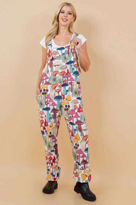 Mushroom Retro Print Overall Jumpsuit Farm Country Bib Farmhouse Colorful Comfy