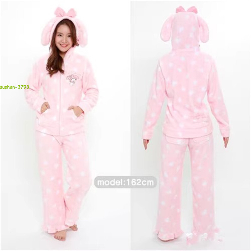 My MELODY Plush Sleepwear Winter Homewear Hooded Suit Coral Velvet Coat Pants