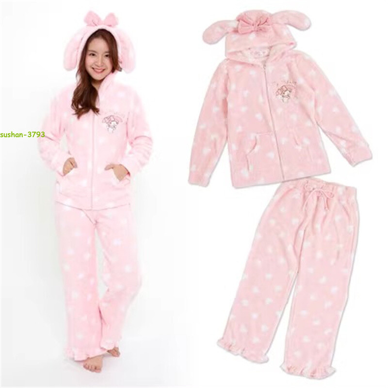 My MELODY Plush Sleepwear Winter Homewear Hooded Suit Coral Velvet Coat Pants