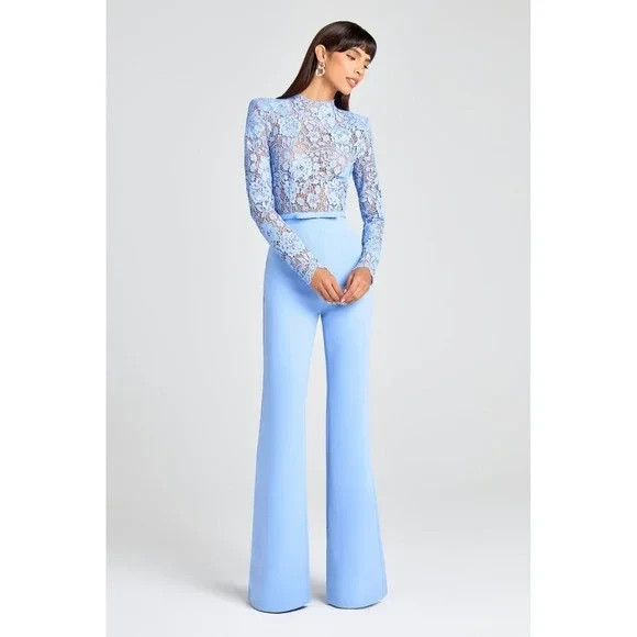 Nadine Merabi Blue Maddie Lace Long Sleeve Wide Leg Jumpsuit Size 12 XL $635
