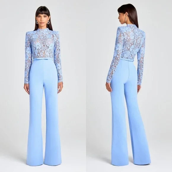 Nadine Merabi Blue Maddie Lace Long Sleeve Wide Leg Jumpsuit Size 12 XL $635