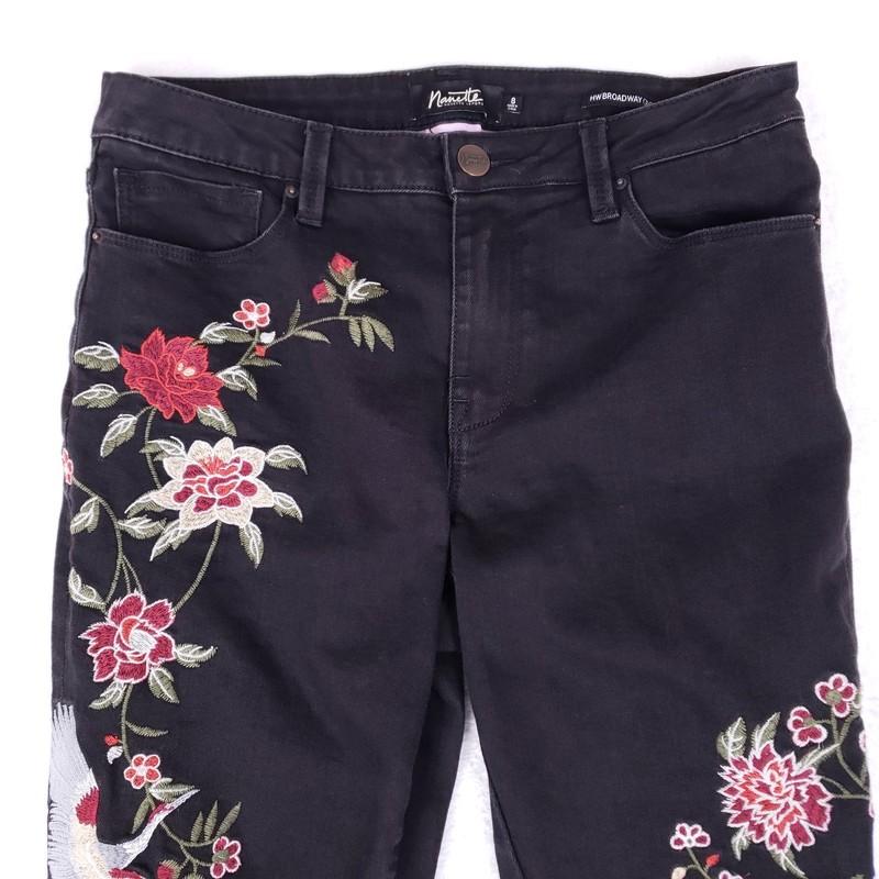 Nanette Lepore HW Broadway Crop Embroidered Jeans Black Size 8 Floral Boho