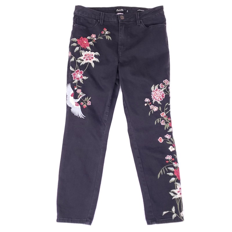 Nanette Lepore HW Broadway Crop Embroidered Jeans Black Size 8 Floral Boho