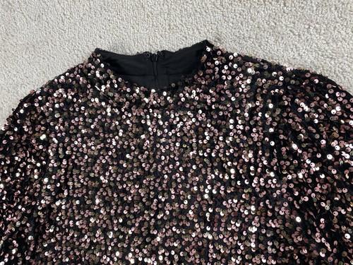 Nanette Lepore Top Women L Black Rose Gold Sequin Velvet Shirt Long Sleeve