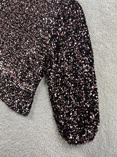 Nanette Lepore Top Women L Black Rose Gold Sequin Velvet Shirt Long Sleeve