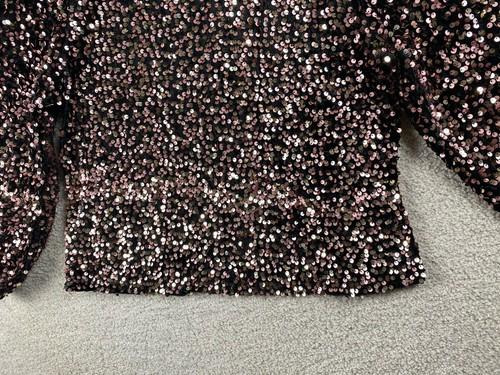 Nanette Lepore Top Women L Black Rose Gold Sequin Velvet Shirt Long Sleeve