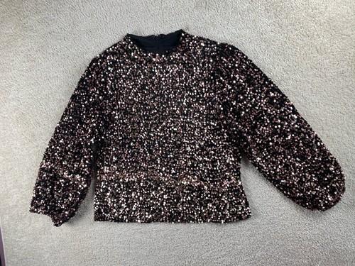 Nanette Lepore Top Women L Black Rose Gold Sequin Velvet Shirt Long Sleeve